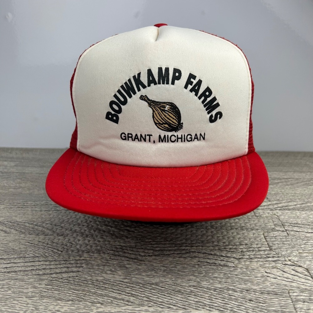 Vintage 80s Bouwkamp Farms Trucker Hat Cap Snap Back Adjustable White Red Grant